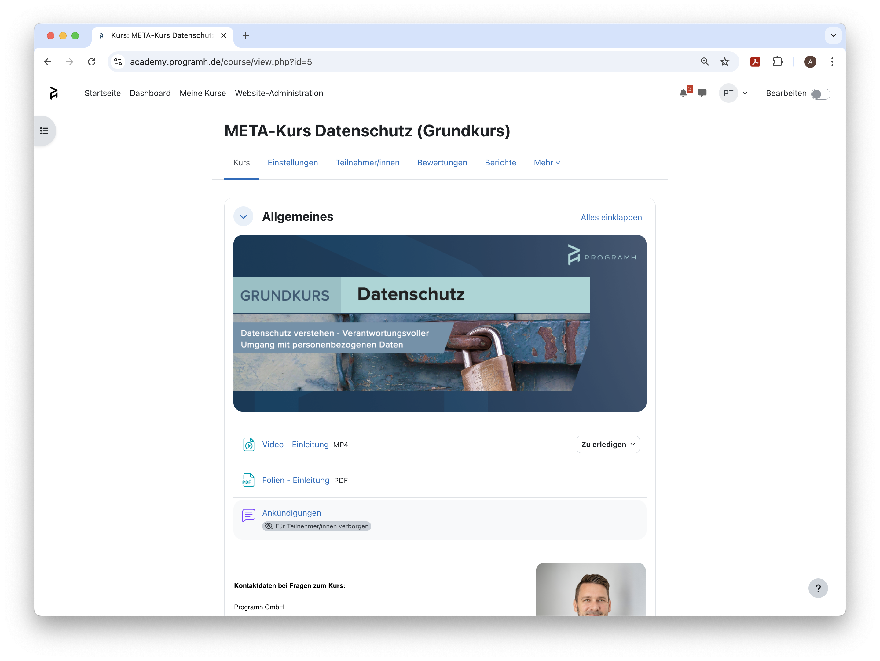 Kursinformation Online Academy - Datenschutz